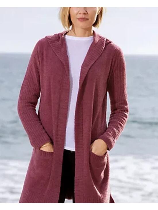 Barefoot Dreams Sweaters - Barefoot Dreams CozyChic Lite Relaxed Hooded Cardigan Pockets Berry M A006831